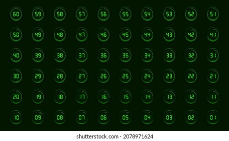 Set of The green digital timers on a black background. Countdown Timer vector icons. Electronic stopwatch with a gradient dial, clock and watch.