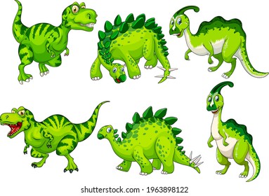 Set of green dinosaur cartoon character illustration