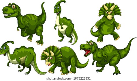 Set of green dinosaur cartoon character illustration