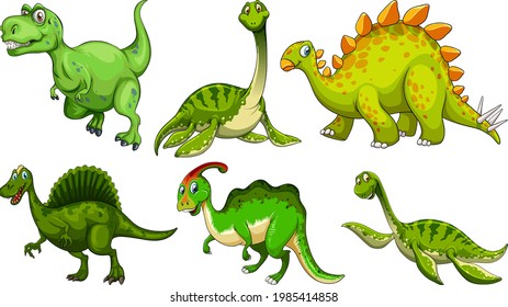 Set of green dinosaur cartoon character illustration