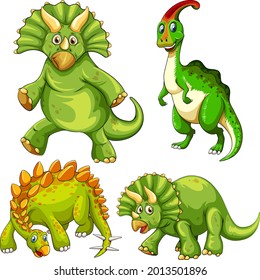 Set of green dinosaur cartoon character illustration