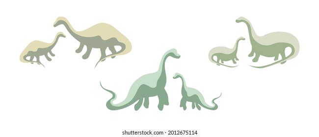 Set of green dinosaur silhouettes, three pairs of dinosaurs, prehistoric era. Extinct dino species, silhouette for a museum or for an amusement park. Vector isolated icons, dinosaur family concept