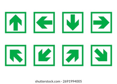 Conjunto de iconos de flechas de dirección verde: arriba, abajo, izquierda, derecha y diagonal Símbolos de navegación