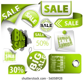 Set of green discount tickets, labels, stamps, stickers, corners, tags (vector)