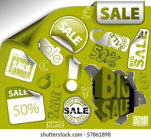 Set of green discount tickets, labels, stamps, stickers, corners, tags (vector)