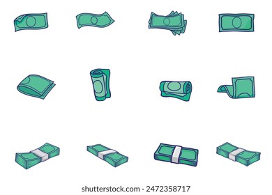 Set of Green dollar banknotes, Cartoon money currency, Bank debt bill investment, earnings treasure or jackpot money capital. Vector Business and financial concept.