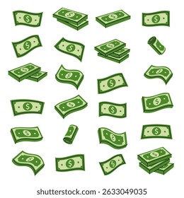 Set of green dollar bills. Finance, investment, business concept. Vector illustration.