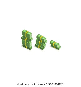 Set of green dollar paper banknotes in packs of one hundred notes in piles isolated on white background - isometric money element for finance and banking theme banner or card. Vector illustration.