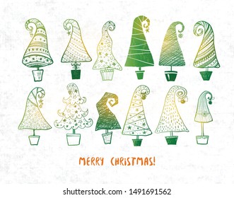 Set of green doodle christmas trees on textured paper background.