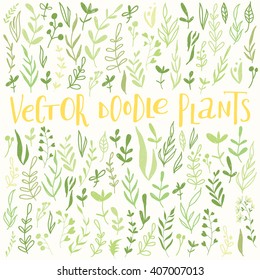 Set of green doodle plants. Green decorative floral elements on light background