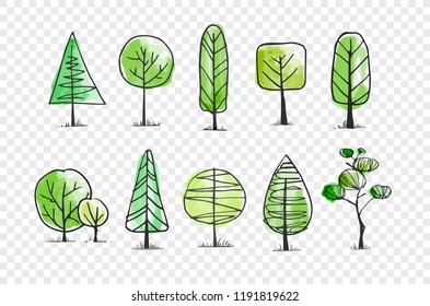 Set of green doodle sketch trees. Vector illustration