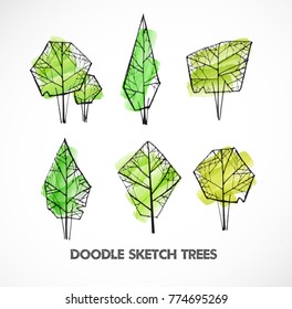 Set of green doodle sketch trees on white background.