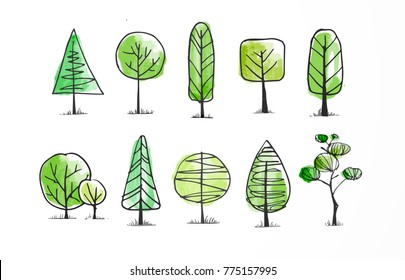 Set of green doodle sketch trees on white background.