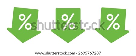 Set of green down arrows featuring a percentage sign. Perfect icon collection for indicating price reduction, sales, discounts, financial loss, or decreasing market trends.
