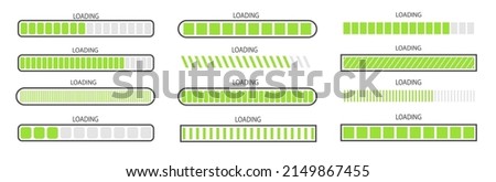 A set of green download progress icons, a speed indicator showing the status of downloading a file from the Internet. Application interface button template for games, sites. Vector illustration