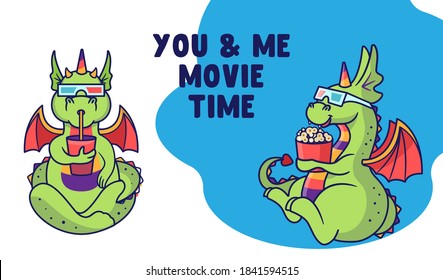 Set of green dragons dragon in 3D glasses in the cinema with a popcorn and a drink. Rainbow unicorn with lettering phrase, Movie time. Good for a family look. Vector illustration