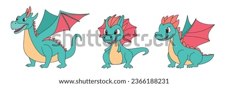 Set of green dragons. Hand drawn dragons colored outline. Doodle dragons. Vector illustration.