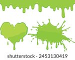 Set of green drips, stains and splashes of jelly on white background. Vector slime illustration	