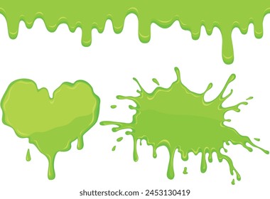 Set of green drips, stains and splashes of jelly on white background. Vector slime illustration	