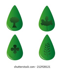a set of green drops with different styles of leaves inside them