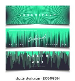 Set of green duotone abstract panoramic background, glitch, valley and stripes trendy cover banner template