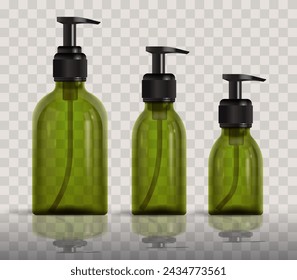 Set of green eco cosmetic bottles of different sizes with dispenser pump. Realistic vector illustration on transparent background