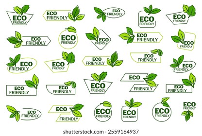 Set of green eco friendly label with leaf icons