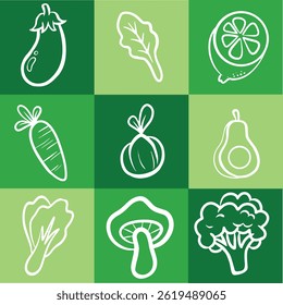set of green eco icons, Collection of vegan icon vectors, Vector eco organic bio logos or signs Vegan raw healthy food, healthy food icon, Healthy Food Line Icons..