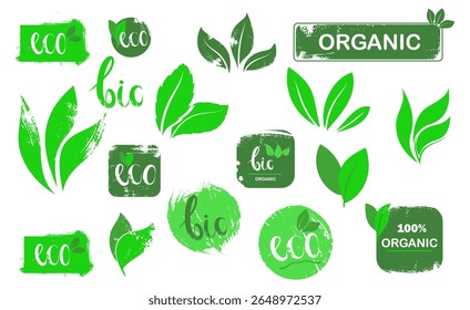 Set of green eco icons and leaves. Ecologic food stamps. organic logo collection. Natural bio stickers. Package template for  vegan, natural, bio, organic food.