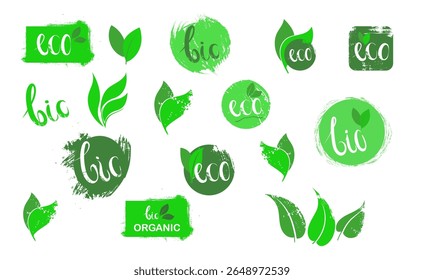Conjunto de ícones e folhas verdes ecológicos. Selos ecológicos para alimentos. Coleção de logotipos orgânicos. Adesivos biológicos naturais. Modelo de pacote para alimentos veganos, naturais, biológicos, orgânicos.