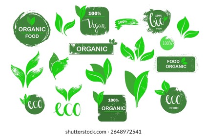 Conjunto de ícones e folhas verdes ecológicos. Selos ecológicos para alimentos. Coleção de logotipos orgânicos. Adesivos biológicos naturais. Modelo de pacote para alimentos veganos, naturais, biológicos, orgânicos.