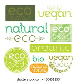 Set of green eco labels. Hand drawn stickers for organic, natural food and healthy lifestyle. Bio products design. Bright vegan trendy banner or emblem with floral elements