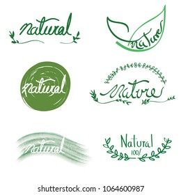 Set of Green eco labels with text 100% natural and handwritten 'nature' text