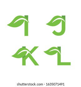 Set of green eco letters logo with leaves: I,J,K,L