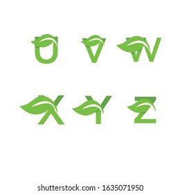 Set of green eco letters logo with leaves: U,V,W,X,Y,Z