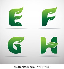Set of green eco letters logo with leaves: E,F,G,H 