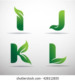 Set of green eco letters logo with leaves: I,J,K,L