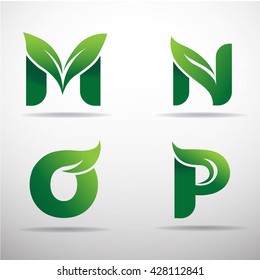 Set of green eco letters logo with leaves: M,N,O,P