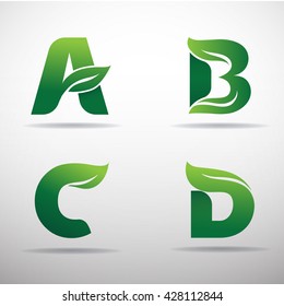 Set of green eco letters logo with leaves: A,B,C,D 