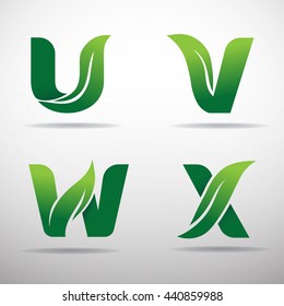 Set of green eco letters logo with leaves: U,V,W,X 