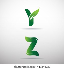 Set of green eco letters logo with leaves: Y,Z,