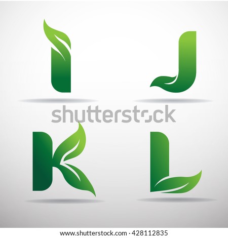 Set of green eco letters logo with leaves: I,J,K,L