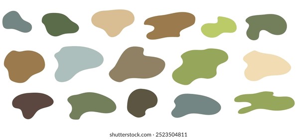 Set von grünen Öko-Bio-Formen unregelmäßige Formen mit Linie. Moderne unregelmäßige Fleckenform der Flüssigkeit. Runder Vektorblot als Grafikelement.