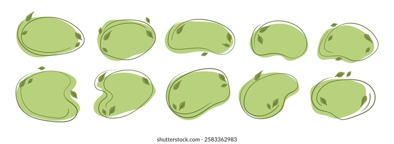 Set of green eco organic irregular shapes with line and leaves. Modern liquid irregular spot shape. Vector round graphic element shape element.