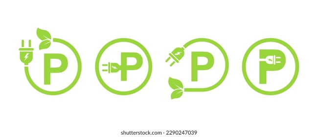 Set of green eco parking vector icons. Ecology electric charger station for car. Green charge area or point for eco transport. Recharge battery.