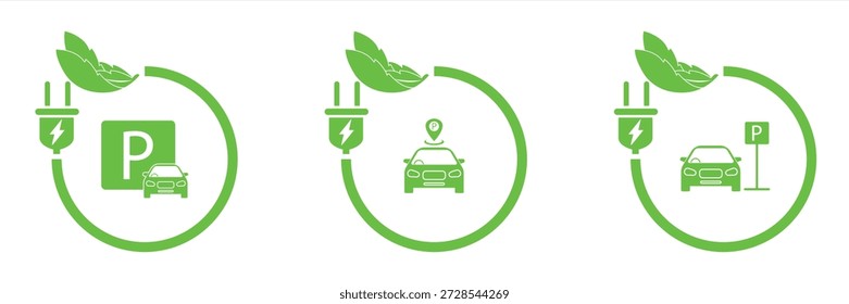 Conjunto de iconos de vectores de estacionamiento ecológico verde. Estación de carga eléctrica de ecología para coche. Zona de Recargo verde o punto de transporte ecológico. Recarga la batería.