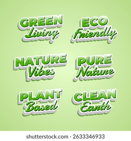Conjunto de diseños de texto con tema ecológico verde con estilo de sombra y fuente suave para uso de marca ecológica