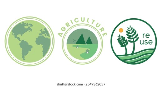 Set of green eco-friendly circular logos with themes of agriculture, sustainability, and reuse.