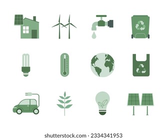 Conjunto de iconos planos ecológicos verdes, Recursos energéticos verdes alternativos, Usable para marca y logotipo de la naturaleza, conceptos de elementos ecológicos naturales. Ilustración de diseño de vectores.