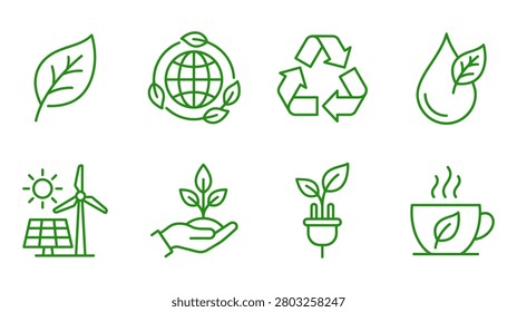 Set of green ecology icons, environmental protection, sustainable energy, recycling, and nature conservation symbols, vector illustration